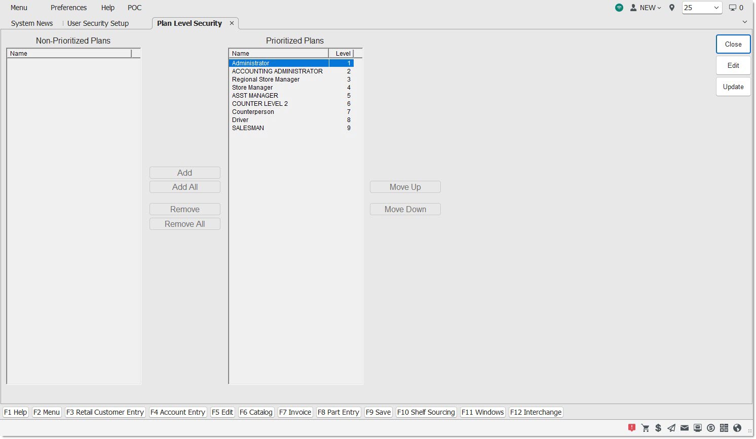 Security Setup User Interface User Security Setup