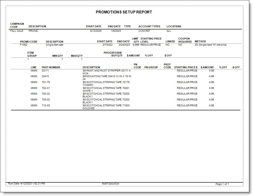 Promotions Setup Reports