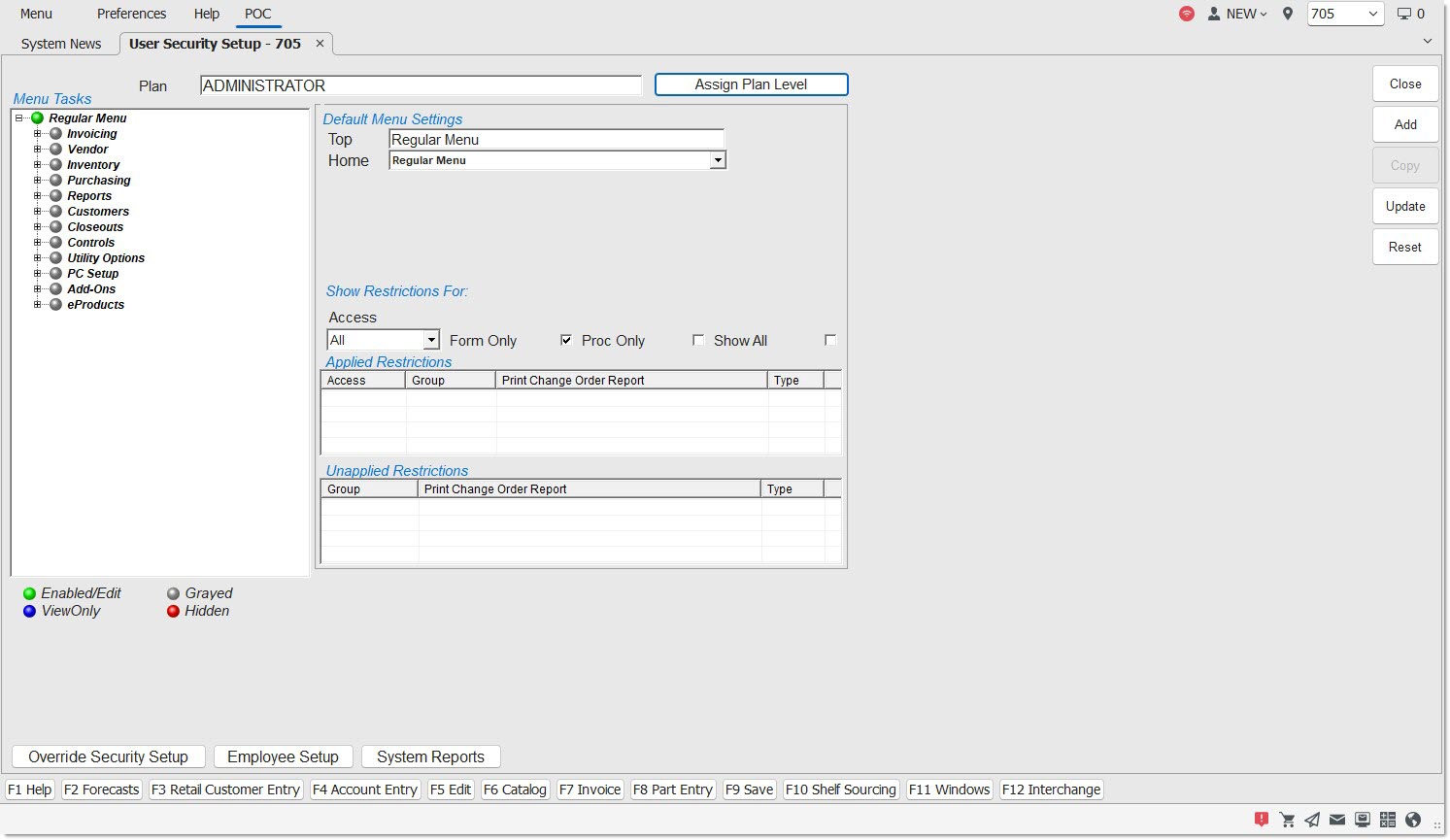 Security Setup User Interface User Security Setup